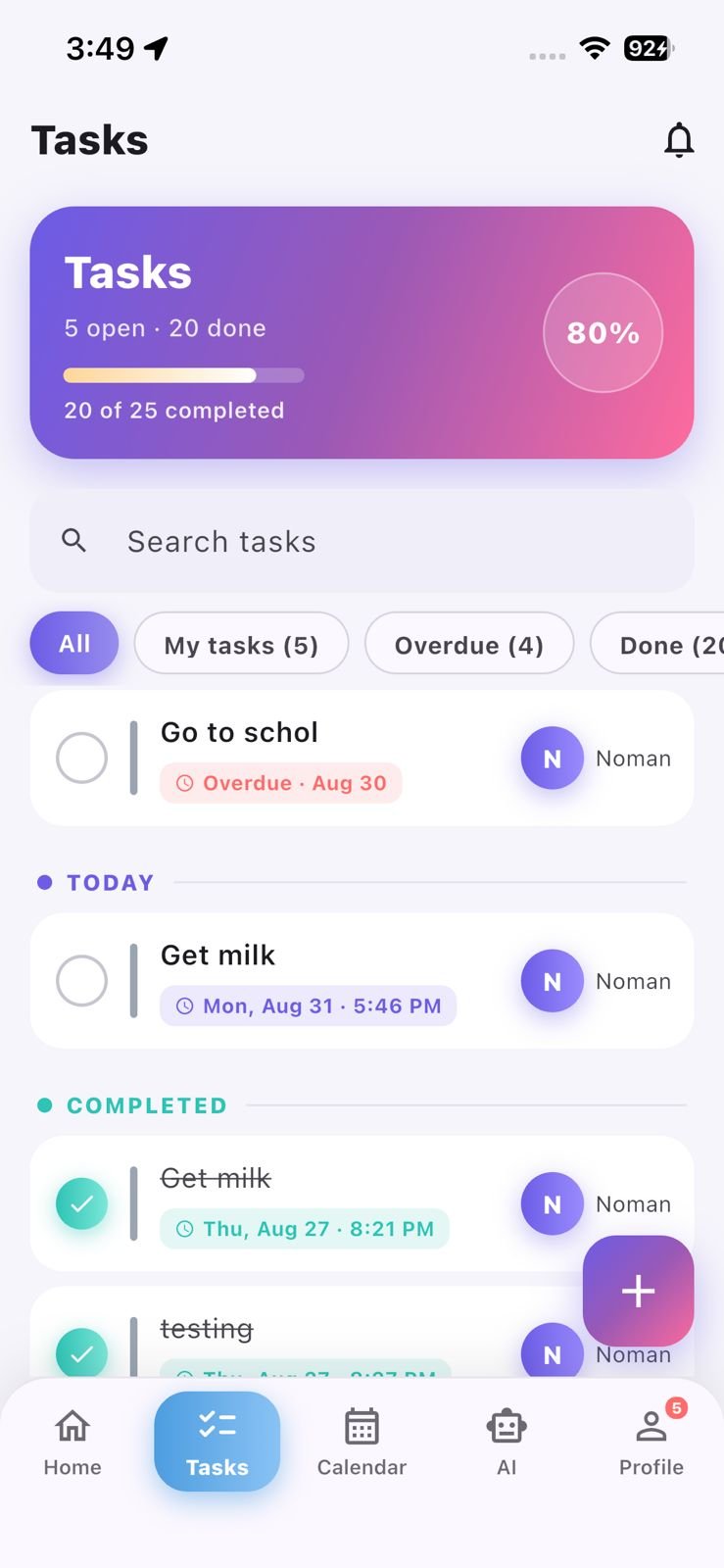 Tasks Screen